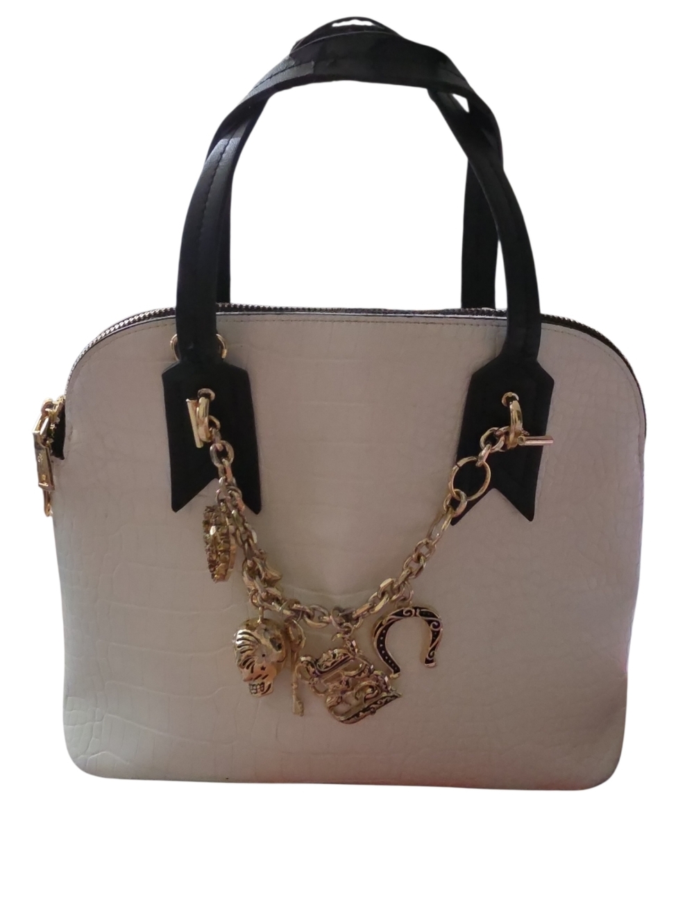 Betsey Johnson Color Block Croc-Embossed Dome Satchel with Gold Charm Chain